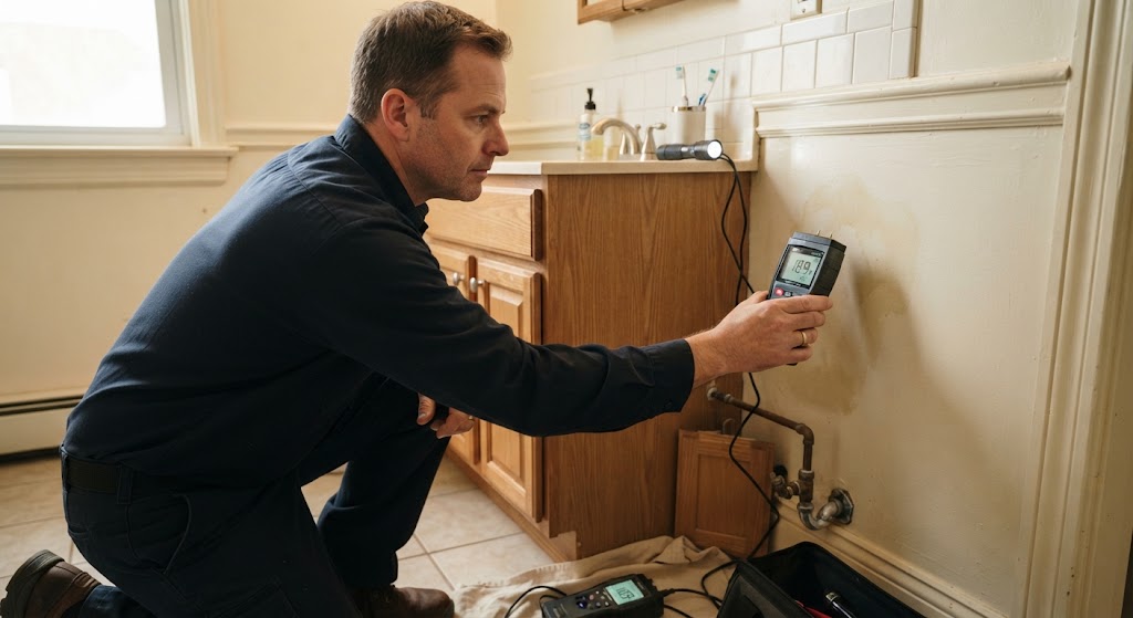 basement leak detection Westfield NJ technician inspecting pipes and foundation