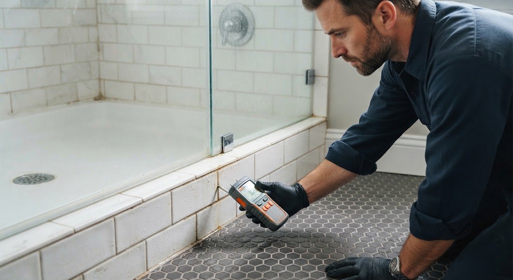 technician conducting hidden water leak detection behind wall in Westfield home